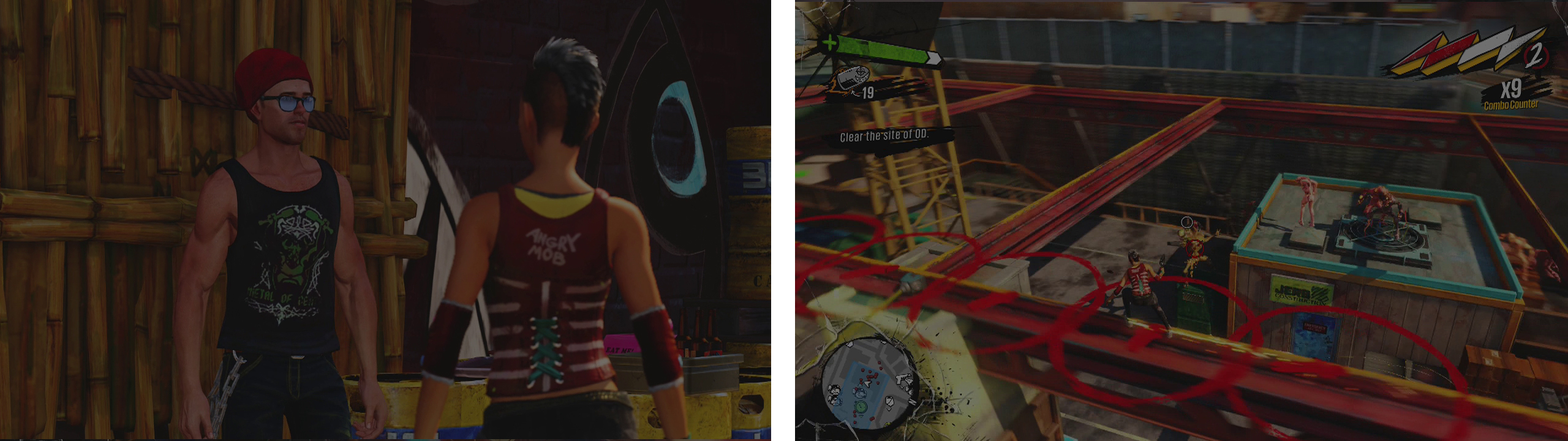 Speak to Jess to start the mission (left) and then clear the construction site of hostiles (right)…twice!