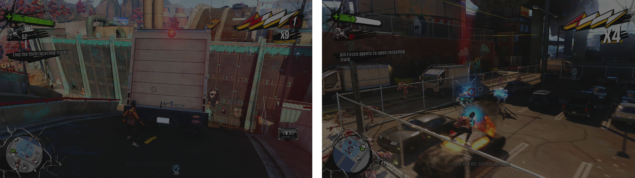 The third truck is dangling from a bridge (left). Drop down and clear the enemies (right) to claim its contents.