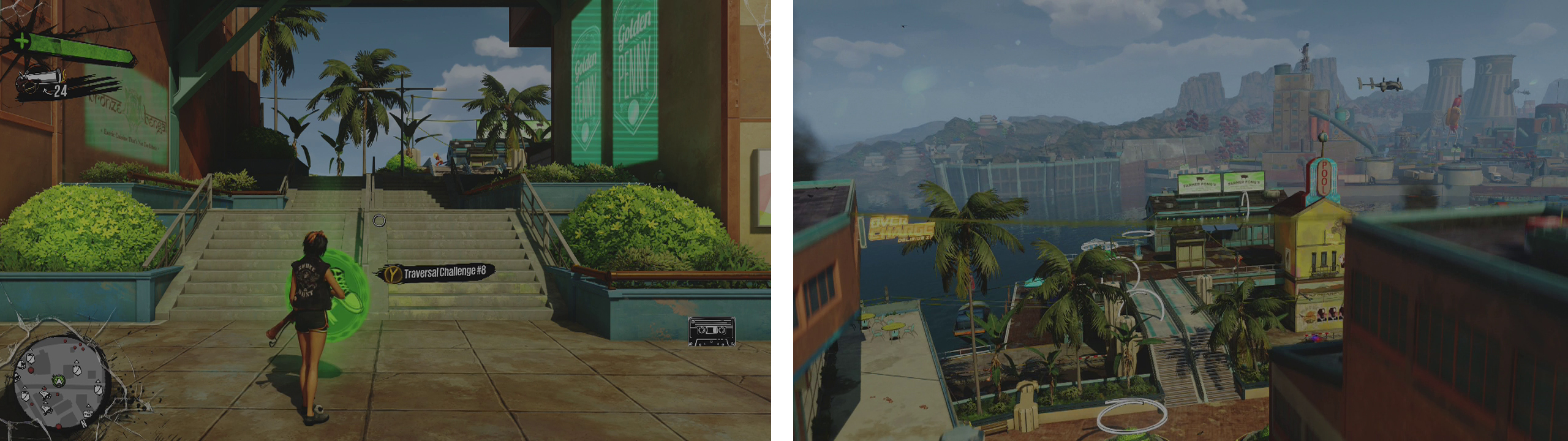 Start the challenge at the icon (left). get ready to bounce and grind all the way! (right).