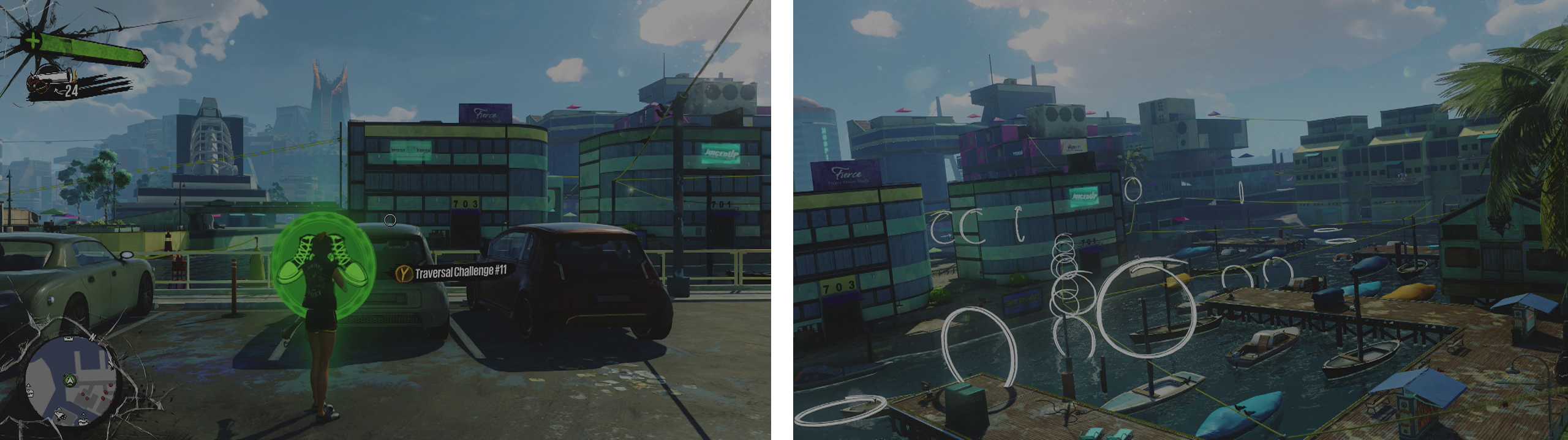 Start the challenge at the icon (left). This challenge has looping around the building in front and back past the start point (right).