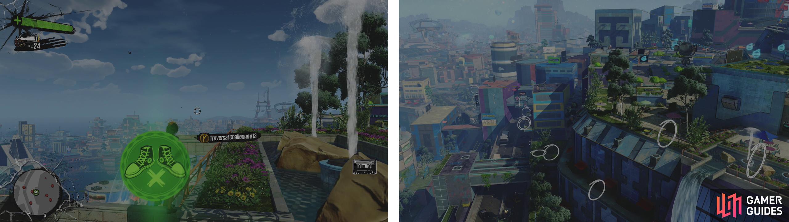 Start the challenge at the icon (left). This challenge has a little bit of everything - but mostly bouncing, grinding and wallrunning (right).