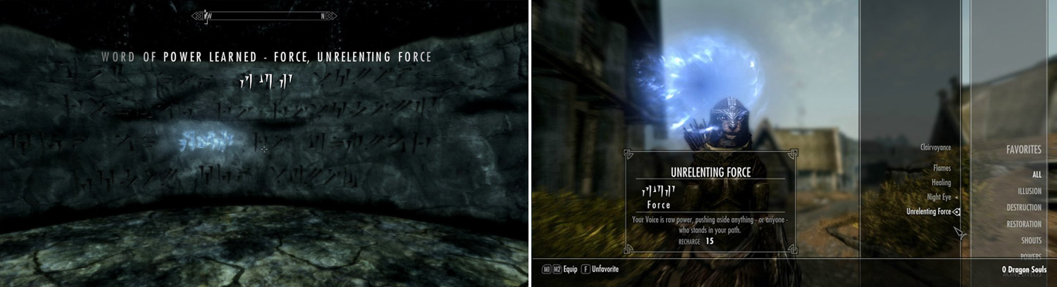 As you explore Skyrim you’ll find “Word Walls” which contain fragments of Thu’um. Simply put, approach these relics to learn new shouts (left). Shouts can be equipped like any spell, and have a cooldown period between uses (right).