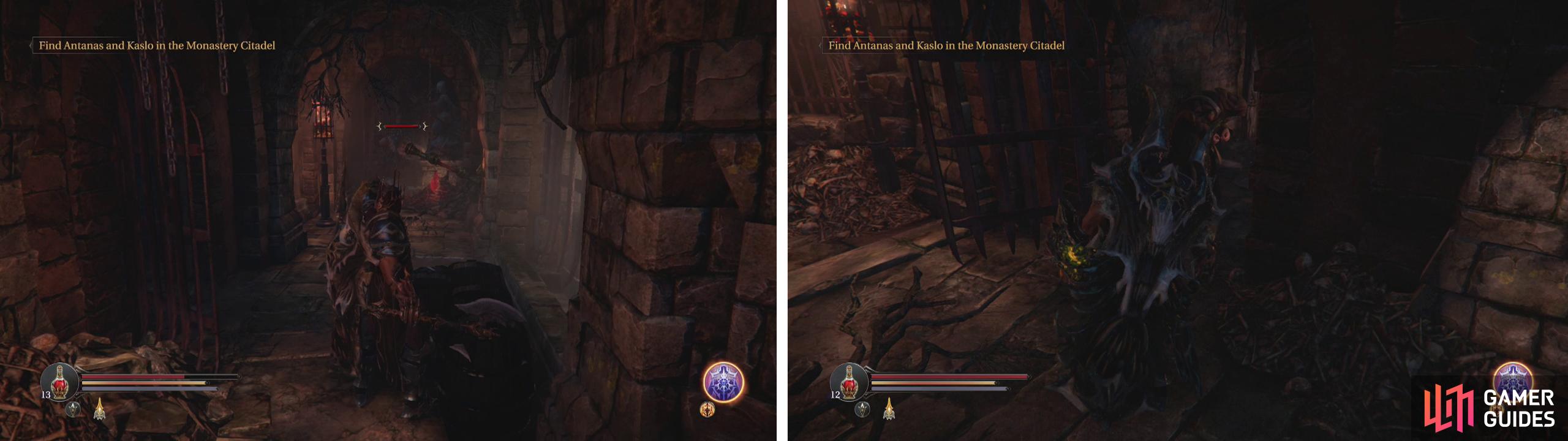 Enter the wooden door near the lever (left) for a Lever Handle item. Use this to open the Infected Monk’s cell and kill him (right) to complete the side-quest.