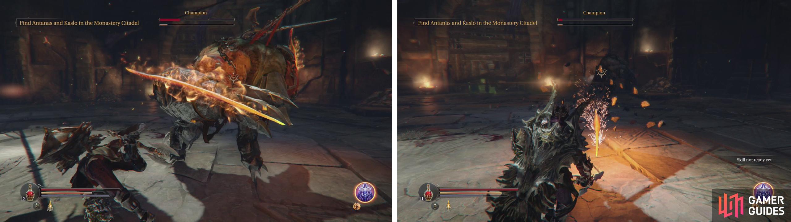 When the boss enters ‘Rage Mode’ his weapons will catch alight (left). At the end of the fight, his subterranean attack will change into a spinning blade (right).