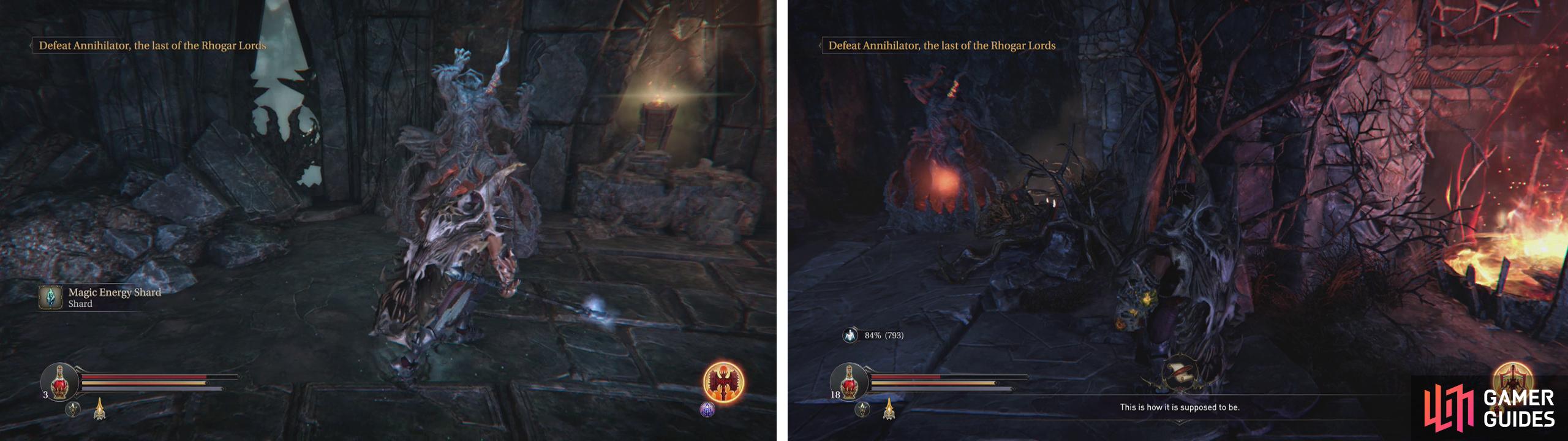 There are statues to destroy with the Tor Hammer at the Altar Ruins (left) and just beside the stairs leading to the Annihilator boss (right).