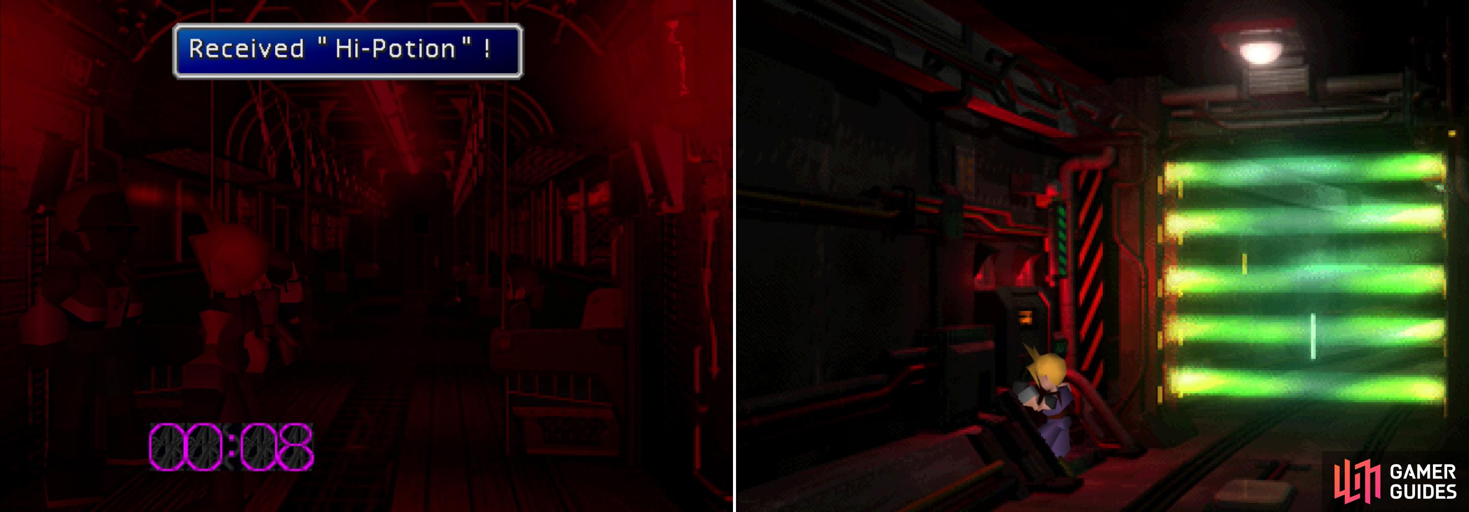 There might be perils on the train when the security alarm goes off, but there are opportunities, as well (left). To get to the reactor you’ll have to climb under the plate (right).