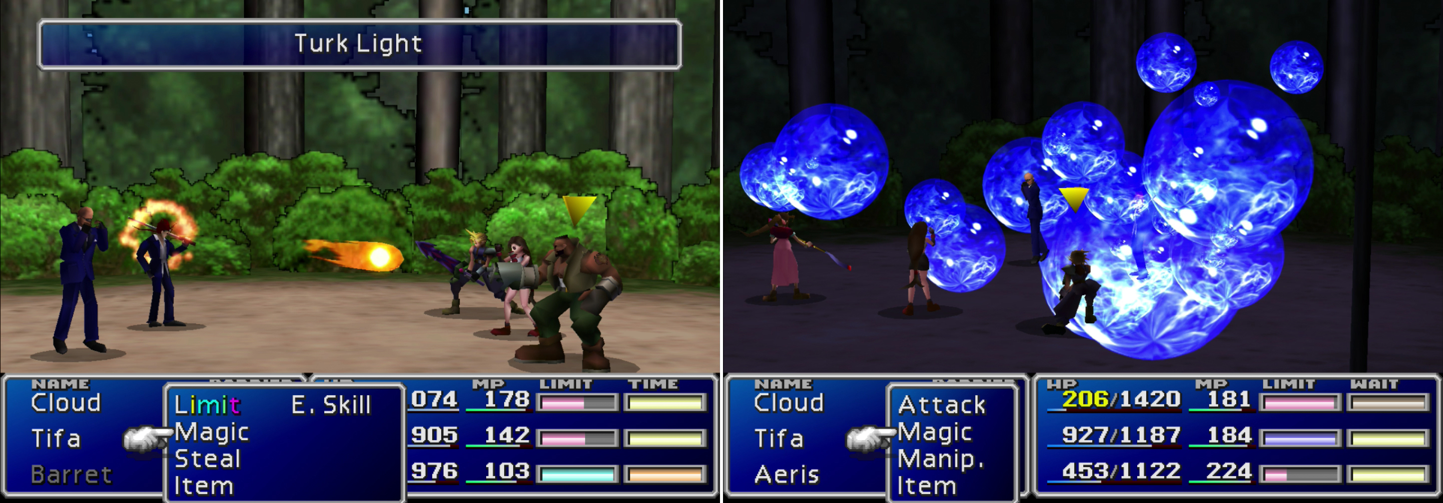 Reno and Rude await the party outside of Gongaga, with a few new attack (left). Use powerful attacks to defeat them both at the same time to gain XP, AP and Gil from both of them (right).