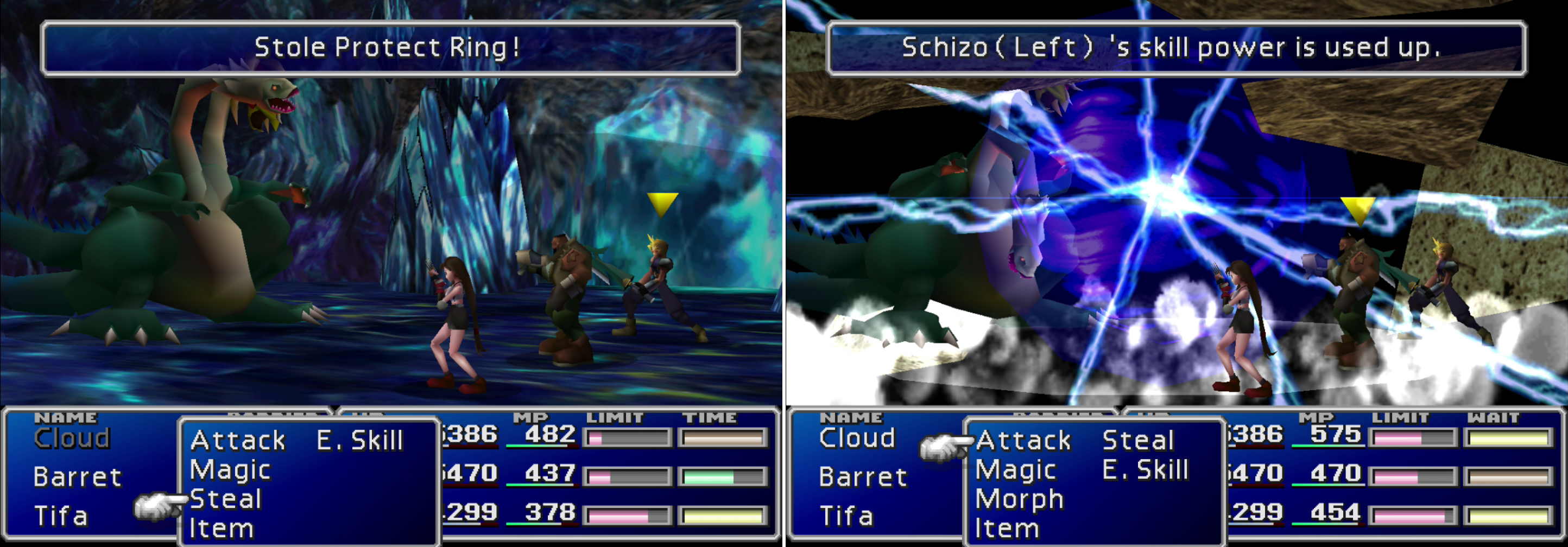 Steal a Protect Ring from Schizo’s right head (left). When you destroy each head, they’ll counter with a final attack (right).