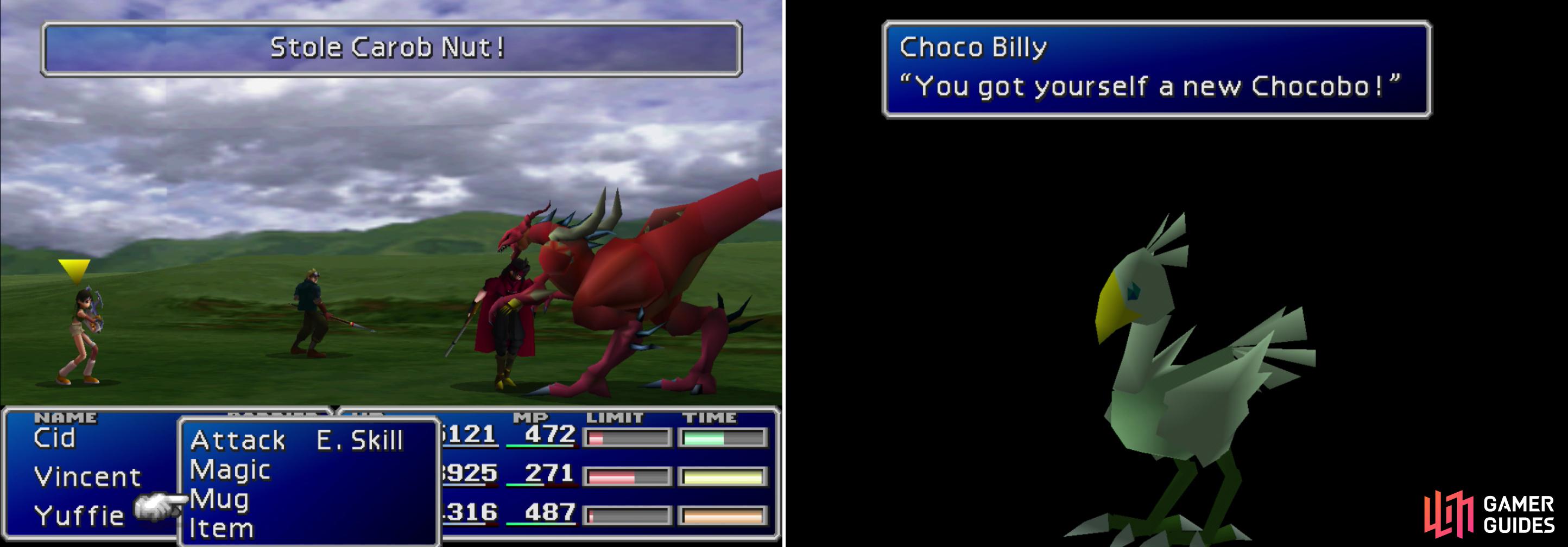 Steal a Carob Nut from the Vlakorados beast, which inhabits some islands between Costal Del Sol and the northern continent (left). With the right Chocobos, Greens and a Carob Nut you should be able to breed a Green or Blue Chocobo! (right)