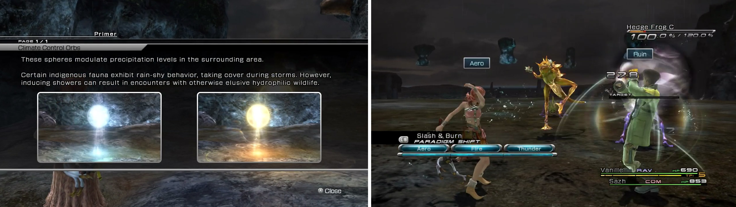 Weather orbs explanation (left) and the Mud Frog enemy (right).