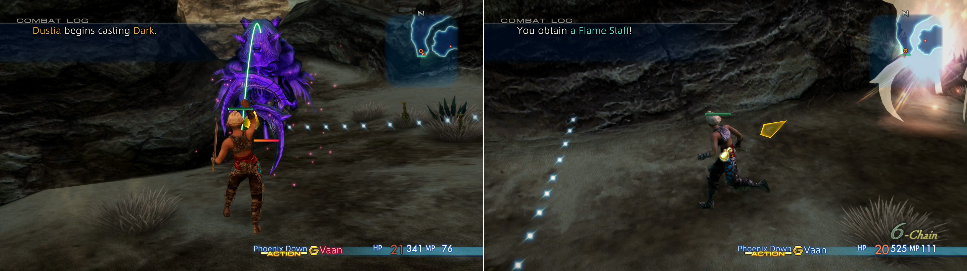 Dustia can be instantly slain by using a Phoenix Down (left) and if you’re fortunate, you may obtain a Flame Staff (right).