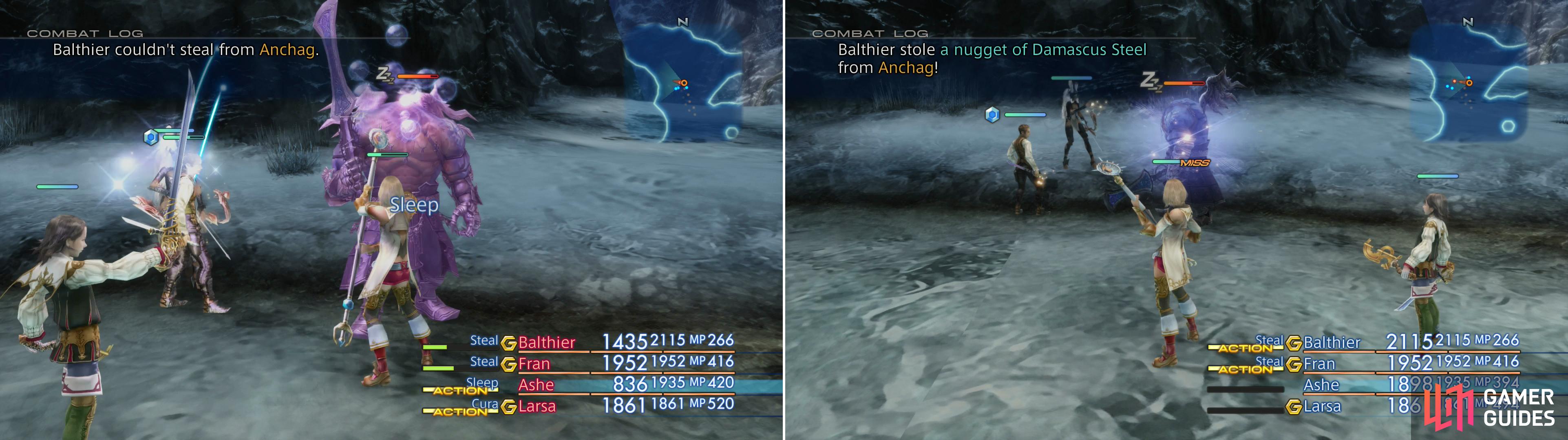 Anchag might be powerful, but he’s also susceptible to Sleep (left). Use this to your advantage and neutralize hit attacks while you steal Damascus Steel from him (right).