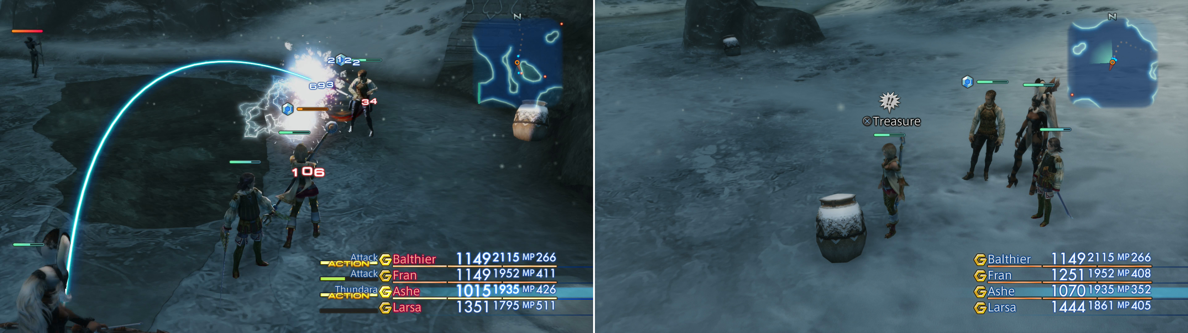 Dispatch the Ice Elemental using Lightning magicks (left) so you can get around to looting treasures like these Long Bolts (right) in peace.