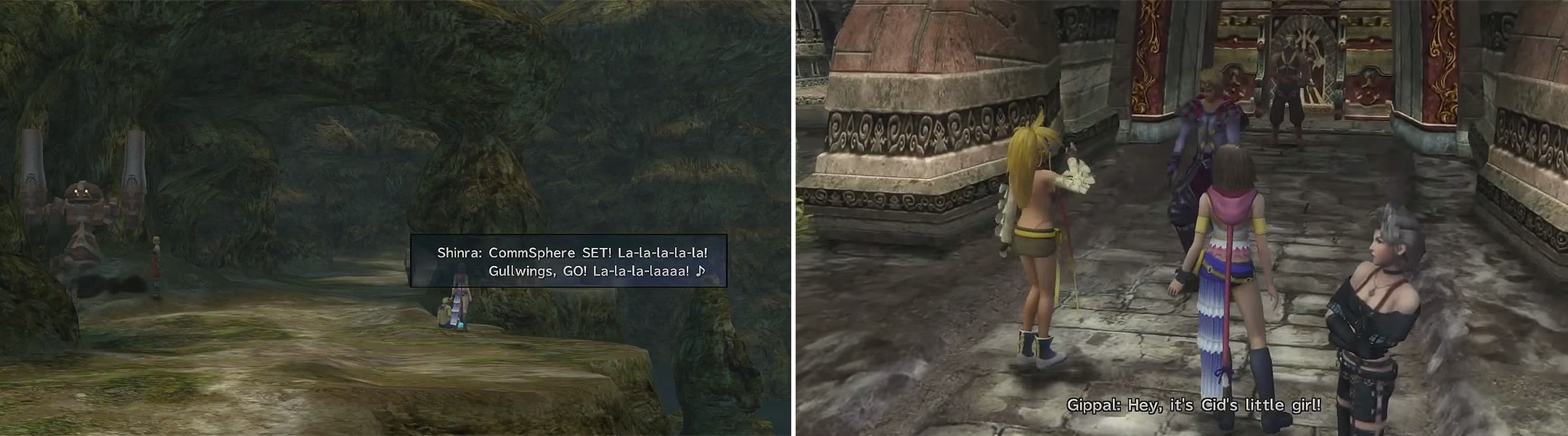 Let Shinra put down the CommSphere (left) and then head towards the red marker. Return to Djose to speak with Gippal (right) afterwards.