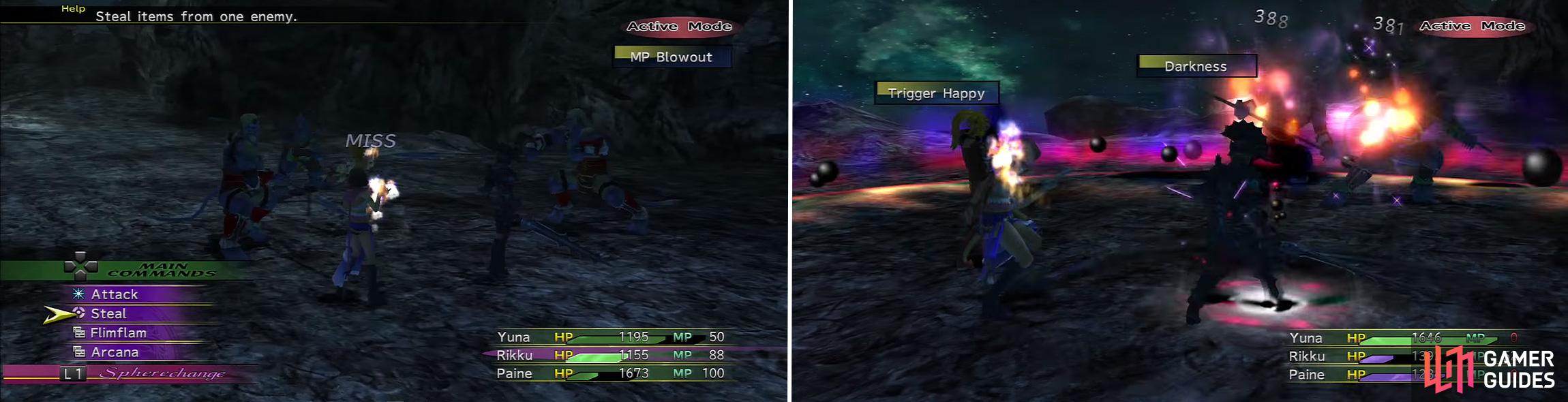 The Ronso Youth can sap your MP (left) but the Darkness skill from the Dark Knight (right) is an effective counter to all three enemies.