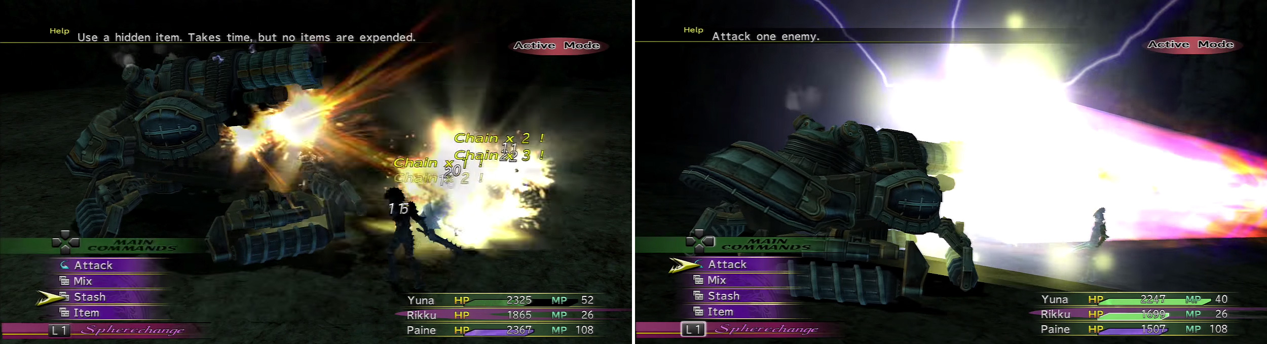 The Gatling Gun (left) isn’t too strong with Protect on the party. Sorcery Ray (right) can hit hard though.