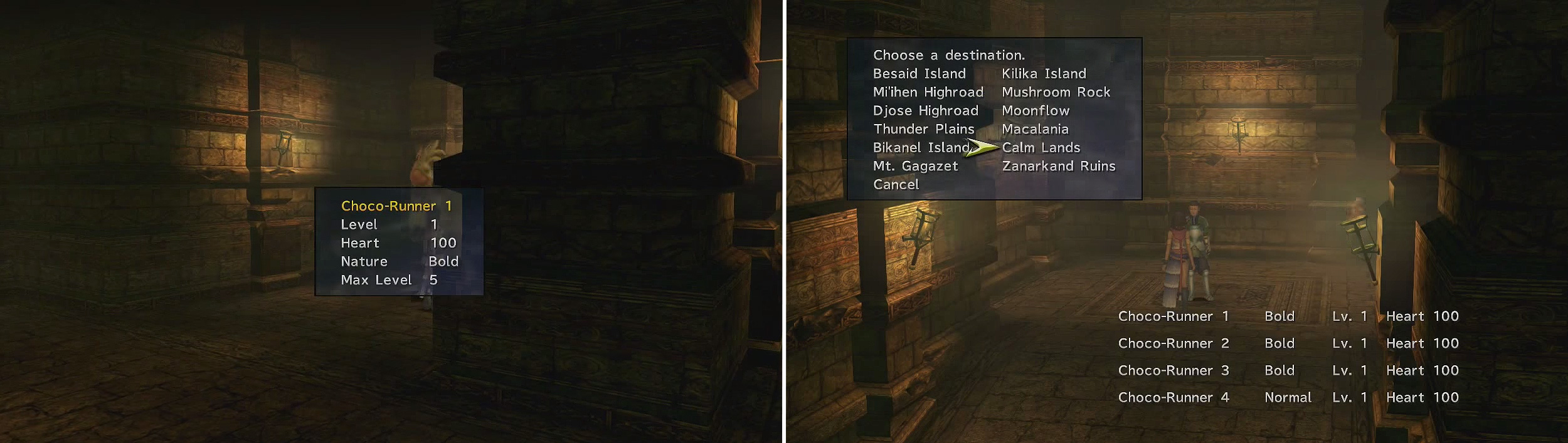 When you have the Level 1 Bold Chocobos (left) send them off to the Calm Lands (right).