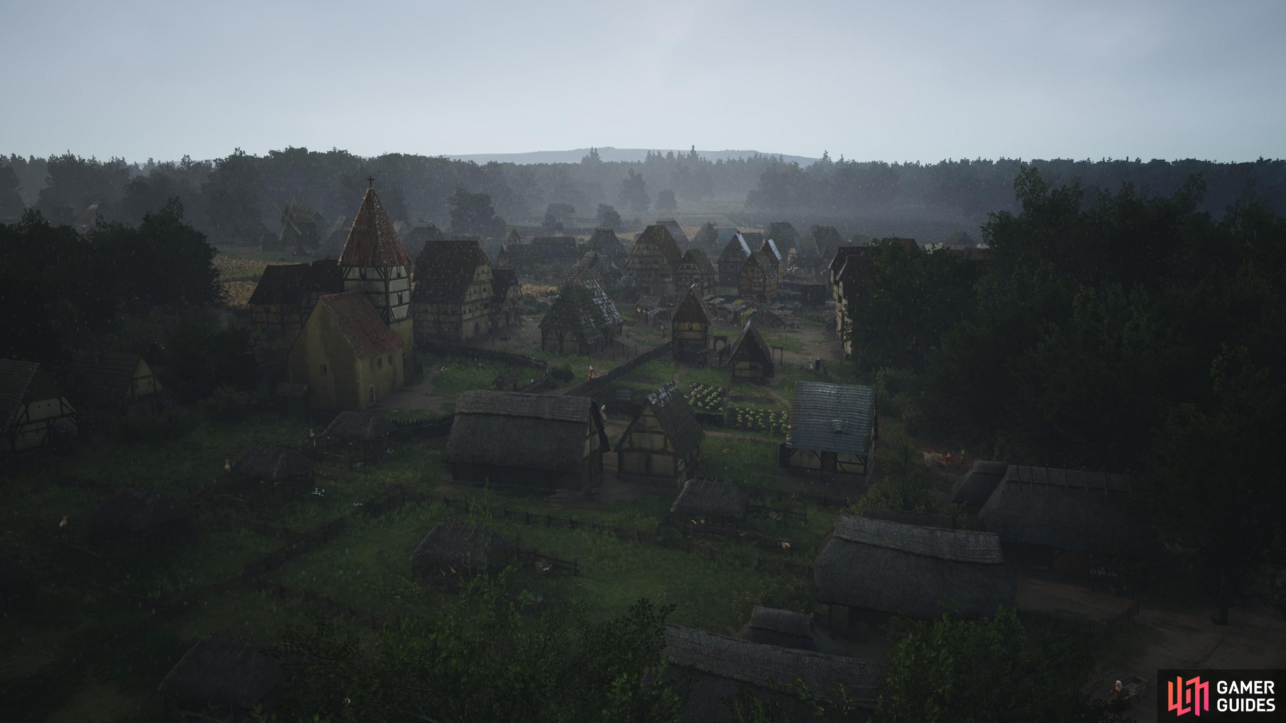 The core gameplay loop of Manort Lords is progressing your settlement from a small village to a large town, filled with self-sufficiency, amenities, and production